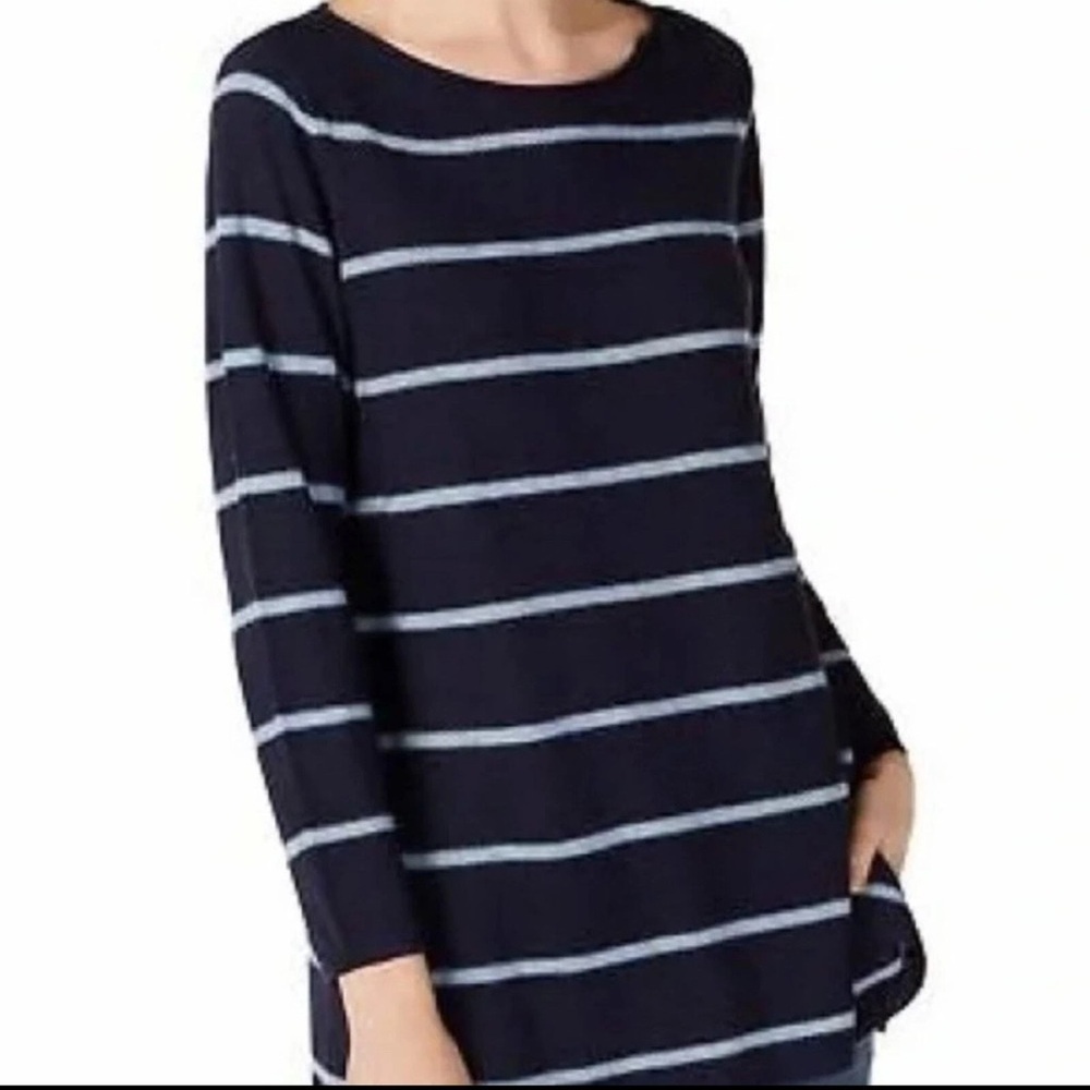 Eileen Fisher Navy and Light Striped Oversized Blue Knit Sweater Size XS